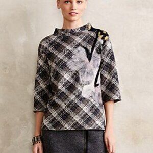 Anthropologie Petaled Plaid Pullover Grey Sweater with Floral Detail